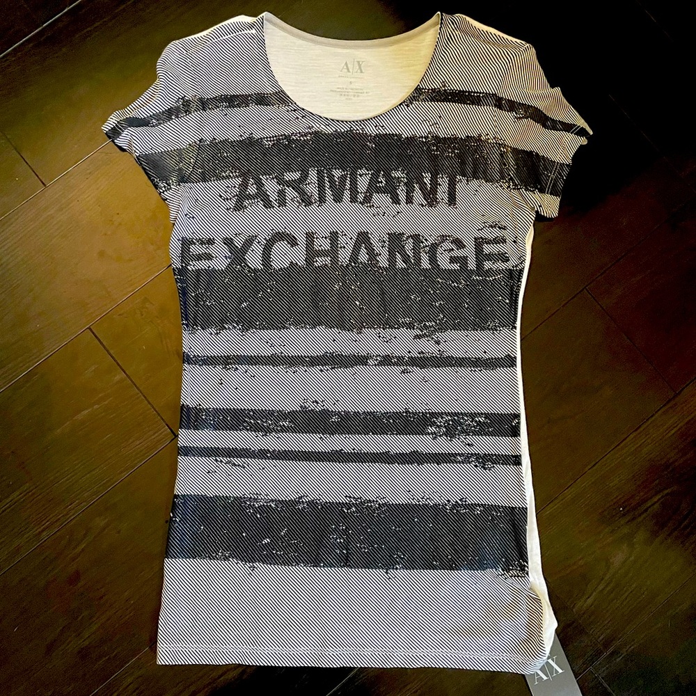 A/X Armani Exchange NWT white & black metallic stripe tee. Size Small.